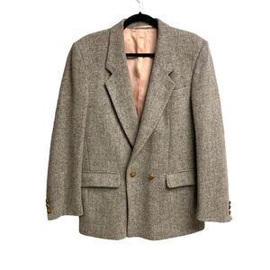 HARRIS TWEED Vintage Hand Woven Wool Double Breasted Blazer Tan Grey 42R